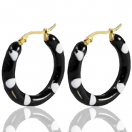 Roestvrij stalen (RVS) Stainless steel oorbellen creolen enamel 30mm Black white-gold