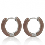 Roestvrij stalen (RVS) Stainless steel oorbellen creolen enamel 16mm Rosewood brown-silver