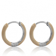 Roestvrij stalen (RVS) Stainless steel oorbellen creolen enamel 14mm Beige brown-silver