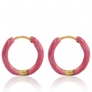 Roestvrij stalen (RVS) Stainless steel oorbellen creolen enamel 14mm Punch pink-gold