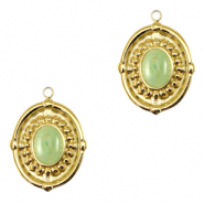 Roestvrij stalen (RVS) Stainless steel bedels ovaal met natuursteen Gold-honeydew green