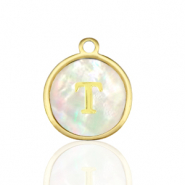 Roestvrij stalen (RVS) Stainless steel bedels 12mm shell initial T White (natuurlijke kleur)-gold