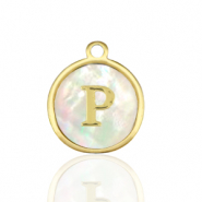 Roestvrij stalen (RVS) Stainless steel bedels 12mm shell initial P White (natuurlijke kleur)-gold