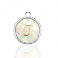 Roestvrij stalen (RVS) Stainless steel bedels 12mm shell initial J White (natuurlijke kleur)-silver