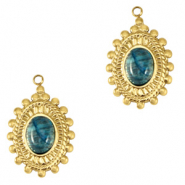 Roestvrij stalen (RVS) Stainless steel bedels ovaal met natuursteen Gold-marble blue