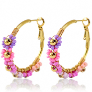 Roestvrij stalen (RVS) Stainless steel oorbellen creolen bloem 35mm Gold-pink purple
