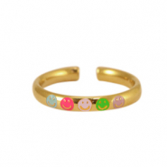 Roestvrij stalen (RVS) Stainless steel ringen enamel smiley Neon multicolour-gold
