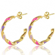 Roestvrij stalen (RVS) Stainless steel oorbellen Multicolour pink purple lilac-gold