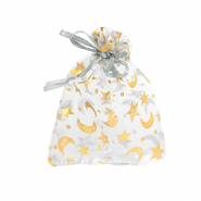 Sieraad zakje organza 7x9cm maan en ster Light grey-gold