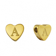 Roestvrij stalen (RVS) Stainless steel kralen hart letter A Gold