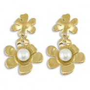 Roestvrij stalen (RVS) Stainless steel oorbellen / oorstekers bloem met imitatie parels Gold