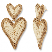 Trendy raffia oorbellen hart Beige-light brown-gold
