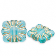 Acryl kralen rechthoek met bloem Teal blue-gold