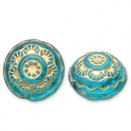 Acryl kralen rond met bloem Teal blue-gold