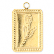 Roestvrij stalen (RVS) Stainless steel bedels rechthoek met tulp Gold