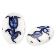 Kralen keramiek ovaal met tulp Off white-Delft blue