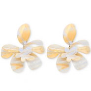 Trendy resin oorbellen / oorstekers bloem Ivory white-light carolina blue-light orange