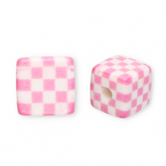 Acryl kralen vierkant met blokjes Pink-white