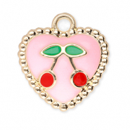 Bedels metaal hart met kersen Gold-light pink-red-green