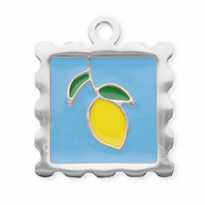 Roestvrij stalen (RVS) Stainless steel bedels vierkant met citroen Silver-blue-yellow-dark green