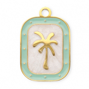 Roestvrij stalen (RVS) Stainless steel bedels rechthoek met palmboom Gold-mint green-white