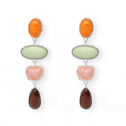 Trendy oorbellen / oorstekers met RVS steker Silver-warm orange-green-pink-brown