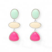 Trendy oorbellen / oorstekers met RVS steker Silver-mint green-off white-hot pink