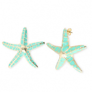 Trendy oorbellen / oorstekers enamel zeester met RVS steker Gold-turquoise