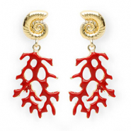 Trendy oorbellen / oorstekers enamel schelp & koraal met RVS steker Gold-dark red