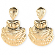Statement oorbellen / oorstekers schelp geribbeld met RVS steker Gold