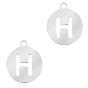 Roestvrij stalen (RVS) Stainless steel bedels rond 10mm initial coin H Zilver