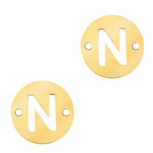 Roestvrij stalen (RVS) Stainless steel bedels tussenstuk rond 10mm initial coin N Goud