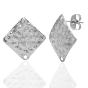 Roestvrij stalen (RVS) Stainless steel oorbellen/oorstekers vierkant gehamerd met oogje Zilver