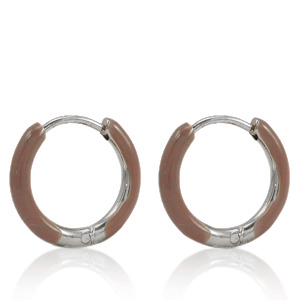 Roestvrij stalen (RVS) Stainless steel oorbellen creolen enamel 14mm Rosewood brown-silver