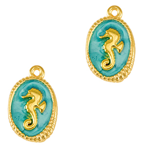 Bedels DQ metaal zeepaardje Goud-turquoise blue (nikkelvrij)