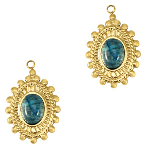 Roestvrij stalen (RVS) Stainless steel bedels ovaal met natuursteen Gold-marble blue