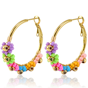 Roestvrij stalen (RVS) Stainless steel oorbellen creolen bloem 35mm Gold-multicolour