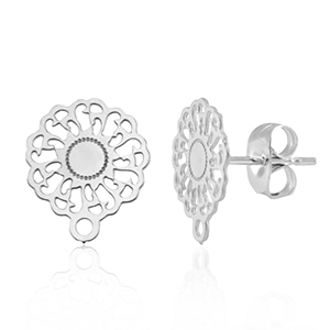 Roestvrij stalen (RVS) Stainless steel onderdelen oorbellen / oorstekers 14mm bloem met oogje Silver