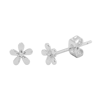 Brass TQ metaal oorbellen / oorstekers zirkonia bloem Silver