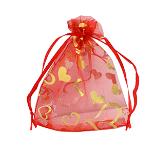 Sieraad zakje organza 9x12cm hart Red-gold