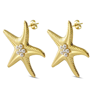 Roestvrij stalen (RVS) Stainless steel oorbellen / oorstekers zeester imitatie parels Gold