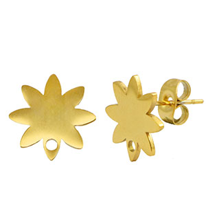 Roestvrij stalen (RVS) Stainless steel oorbellen/ oorstekers bloem met oogje Gold