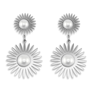 Roestvrij stalen (RVS) Stainless steel oorbellen / oorstekers zon met imitatie parels Silver