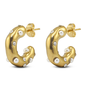 Roestvrij stalen (RVS) Stainless steel oorbellen / oorstekers met imitatie parels Gold