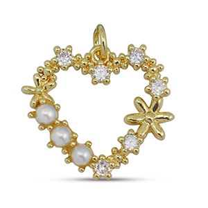Brass TQ metaal bedels zirkonia hart met parel Gold-white