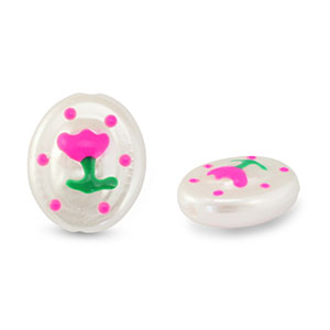 Acryl kralen ovaal met bloem Pearl-pink-green
