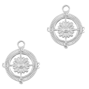 Roestvrij stalen (RVS) Stainless steel bedels kompas met bloem Silver