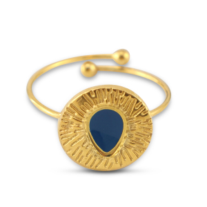 Roestvrij stalen (RVS) Stainless steel ringen enamel rond met druppel Gold-cerulean blue