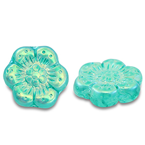 Czech kralen boho flower 14mm Transparent turquoise green-AB coating