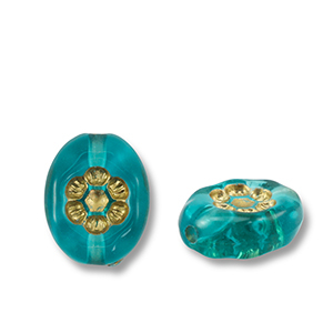 Acryl kralen ovaal met bloem Teal blue-gold